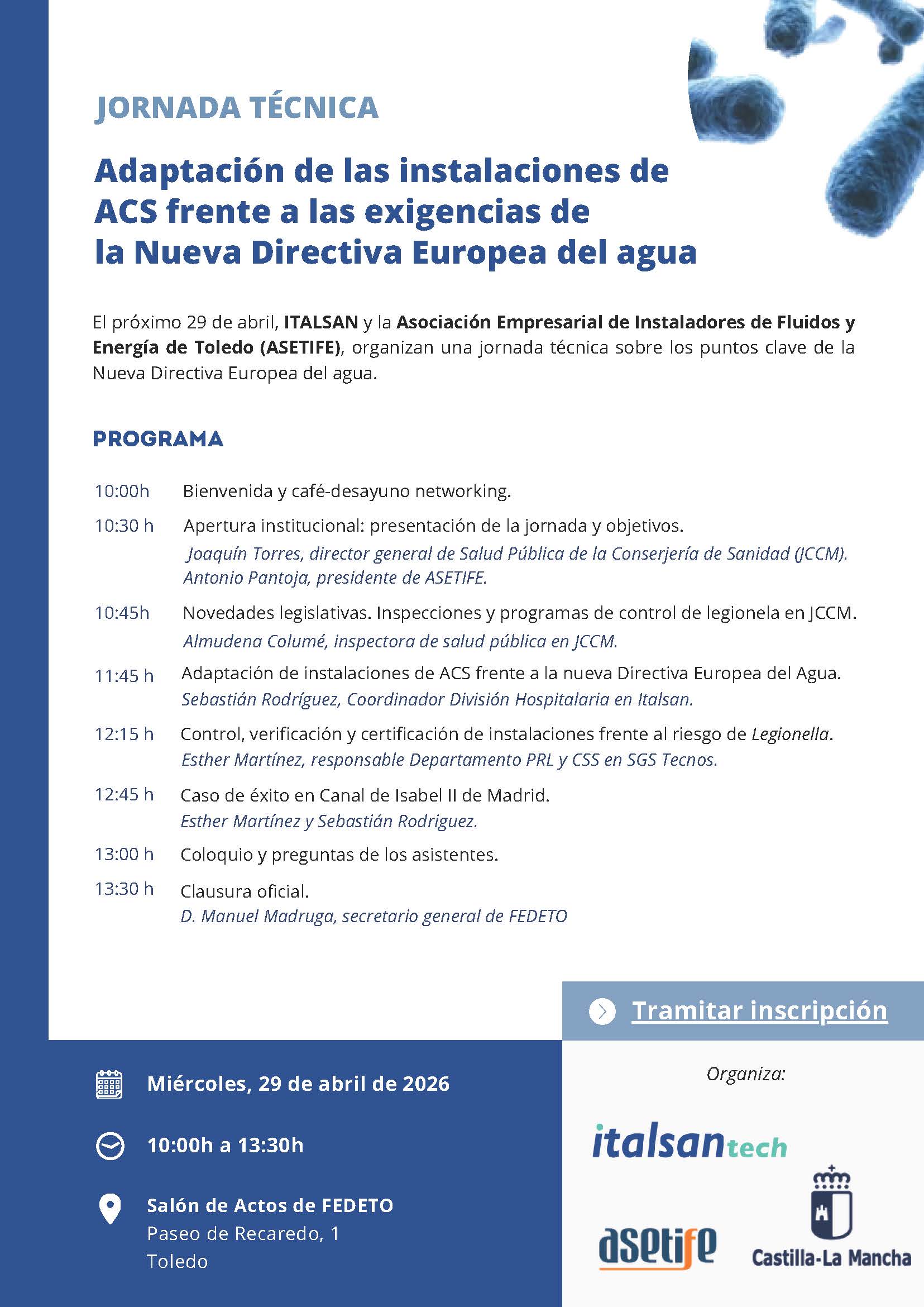 PROGRAMA JORNADA TECNICA LEGIONELA FEDETO 29 abril 2026 - Jornada Técnica. "Adaptación de las instalaciones de ACS frente a las exigencias de la nueva Directiva Europea"